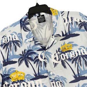 Corona Extra Palm Tree Aloha Button Up Shirt Blue Rayon Tropical Beer M Mens